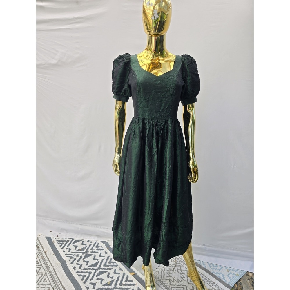 VTG Laura Ashley Midi Dress Womens 10 Green Iridescent Puff Sleeve Gown Acetate